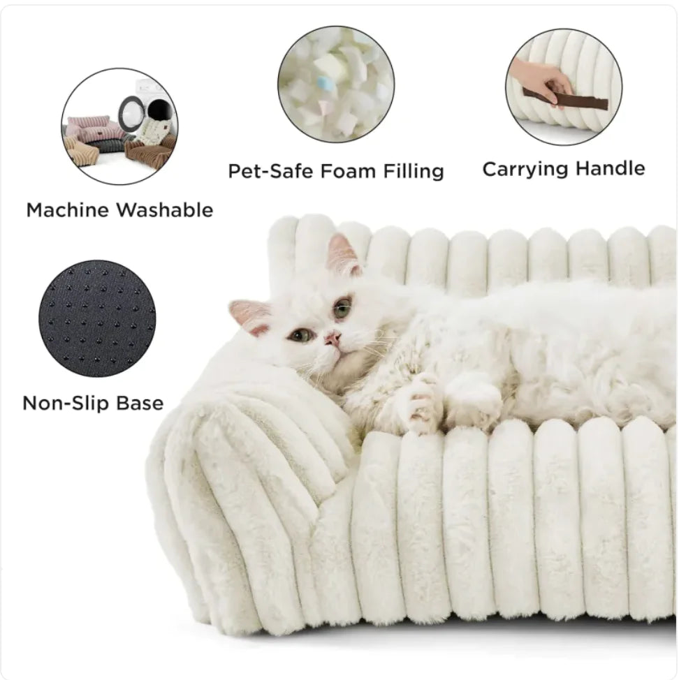 Plushy Cute Cat/Dog Sofa - Soft Corduroy Fleece Pet Bed - S-M-L