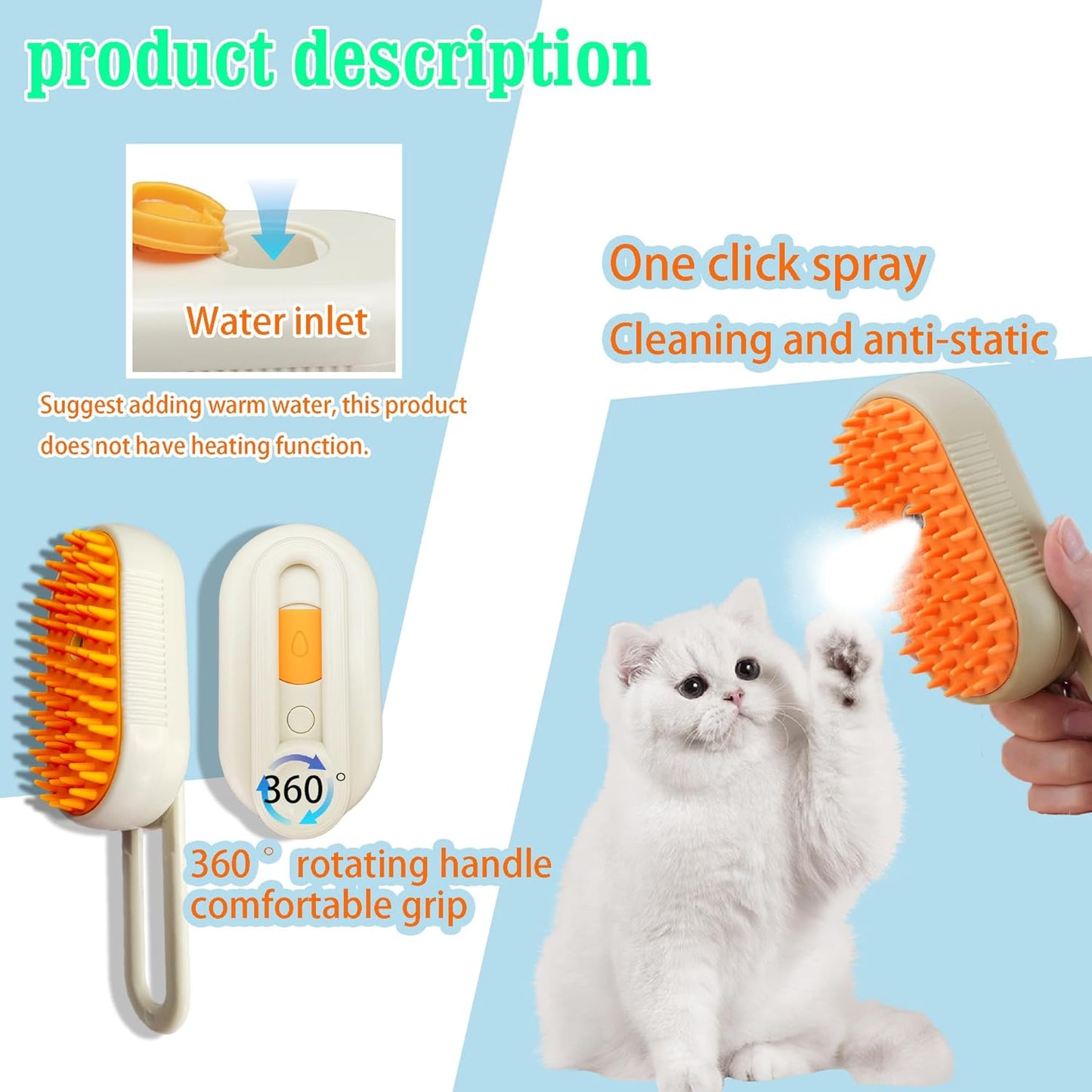 Cat Steam Brush for Shedding with Foldable Handle for Short/Long Haired Pets Spritz Defur Comb for Cats Pet Spray Hair Removal Comb Grooming Tool for Hair Removal & Massage
