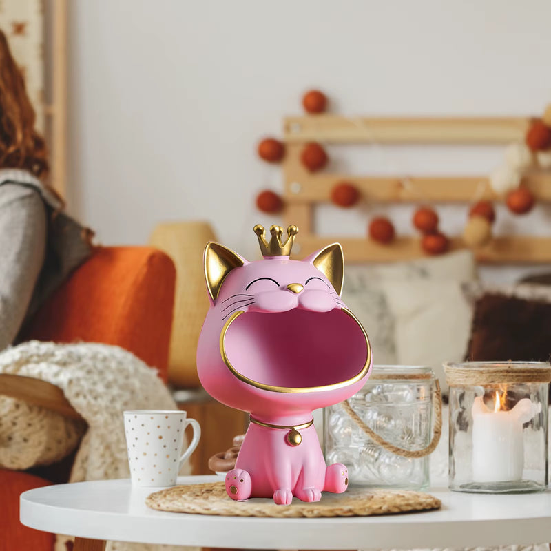 Lucky Cat Statue Decoration Resin Big Mouths Cat Statue Creative Laughing Cat Key Box Cute Desktop Storage Accessories