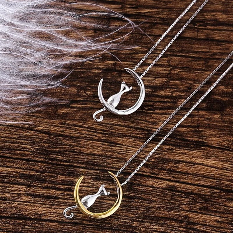 Enchanting Cat Moon Necklace - Silver or Gold