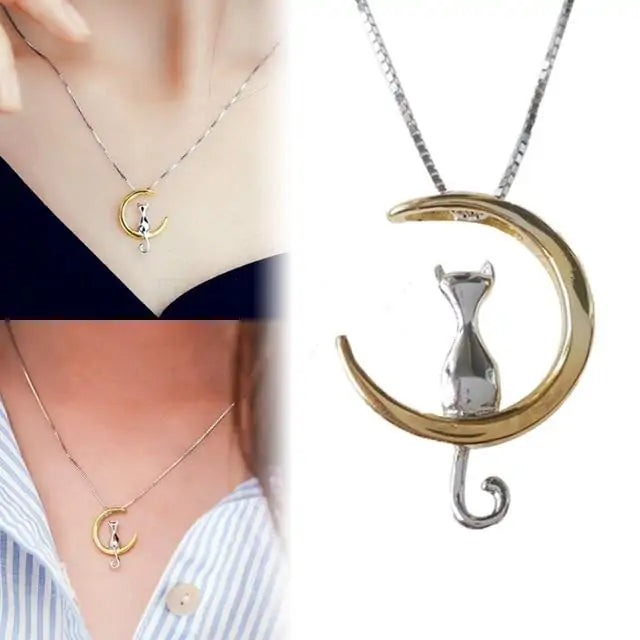 Enchanting Cat Moon Necklace - Silver or Gold