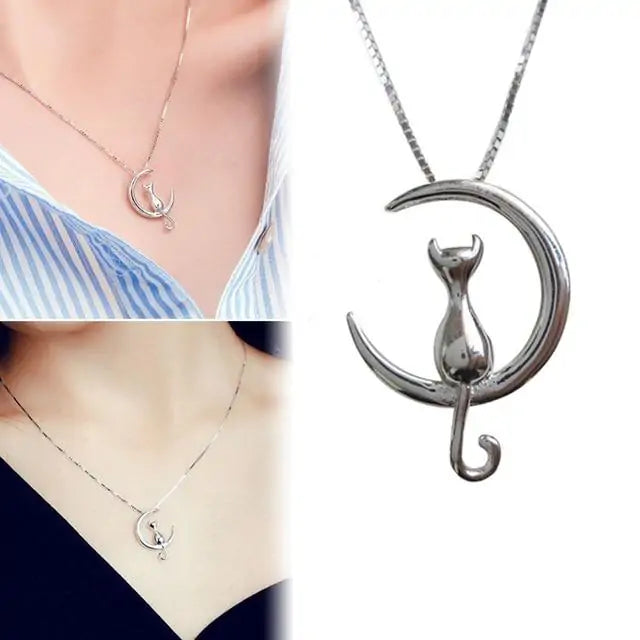 Enchanting Cat Moon Necklace - Silver or Gold
